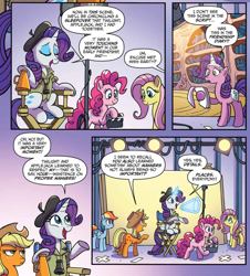 Size: 958x1058 | Tagged: safe, artist:tonyfleecs, idw, imported from derpibooru, applejack, fluttershy, pinkie pie, rainbow dash, rarity, earth pony, pegasus, pony, spoiler:comic, spoiler:comic66, actress, applejack is not amused, beret, chair, clapboard, clapperboard, comic, cropped, director's chair, fake cutie mark, fake horn, female, hat, magic, magic aura, mare, megaphone, official comic, speech bubble, telekinesis, unamused