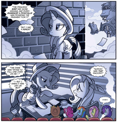 Size: 1004x1056 | Tagged: safe, artist:tonyfleecs, idw, imported from derpibooru, fluttershy, rarity, pony, unicorn, spoiler:comic, spoiler:comic66, black and white, clothes, comic, cropped, female, grayscale, hat, mare, monochrome, movie, noir, official comic, speech bubble, trenchcoat