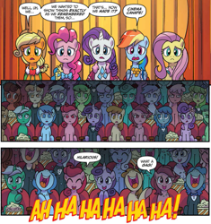 Size: 893x949 | Tagged: safe, artist:tonyfleecs, idw, imported from derpibooru, applejack, fluttershy, pinkie pie, rainbow dash, rarity, earth pony, pegasus, pony, unicorn, spoiler:comic, spoiler:comic66, background pony audience, clothes, comic, cropped, dialogue, dress, female, gala dress, laughing, mare, official comic, smiling, speech bubble