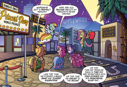 Size: 942x646 | Tagged: safe, artist:tonyfleecs, idw, imported from derpibooru, a.k. yearling, applejack, coloratura, fluttershy, pinkie pie, rainbow dash, rarity, earth pony, pegasus, pony, unicorn, spoiler:comic, spoiler:comic66, applewood, butt, clothes, comic, cropped, dialogue, dress, female, flying, gala dress, implied coloratura, implied daring do, mare, official comic, plot, speech bubble