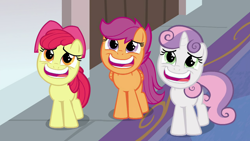 Size: 1280x720 | Tagged: safe, imported from derpibooru, screencap, apple bloom, scootaloo, sweetie belle, earth pony, pegasus, pony, unicorn, marks for effort, adorabloom, cute, cutealoo, cutie mark crusaders, cutie mark cuties, diasweetes, faic, please, smiling, weapons-grade cute