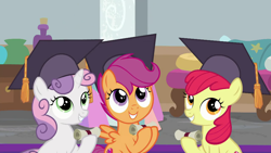 Size: 1280x720 | Tagged: safe, imported from derpibooru, screencap, apple bloom, scootaloo, sweetie belle, pony, marks for effort, cutie mark crusaders, diploma, graduation cap, hat