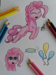 Size: 3096x4128 | Tagged: safe, artist:ironbeastz, imported from derpibooru, pinkie pie, pony, female, happy, pencil, solo, traditional art