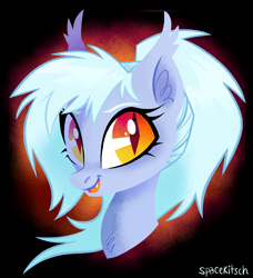 Size: 1800x1972 | Tagged: safe, artist:spacekitsch, deleted from derpibooru, imported from derpibooru, oc, oc only, bat pony, pony, abstract background, bat pony oc, bust, ear fluff, fangs, female, looking at you, mare, open mouth, portrait, signature, slit eyes, slit pupils, smiling, solo