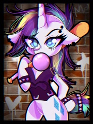 Size: 768x1024 | Tagged: safe, artist:akushinutchi, imported from derpibooru, rarity, pony, semi-anthro, unicorn, alternate hairstyle, baseball bat, bracelet, bubblegum, chromatic aberration, clothes, female, food, gum, jacket, jewelry, leather jacket, looking at you, mare, punk, raripunk, solo, spiked wristband, wristband