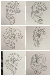 Size: 1200x1800 | Tagged: safe, artist:pink-pone, imported from derpibooru, applejack, fluttershy, pinkie pie, rainbow dash, rarity, twilight sparkle, pony, bust, mane six, monochrome, portrait, traditional art