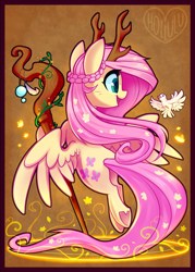 Size: 800x1120 | Tagged: safe, alternate version, artist:meekcheep, imported from derpibooru, fluttershy, bird, pegasus, pony, antlers, braid, druid, fantasy class, female, flutterdruid, head turn, looking at something, mare, reaching, rear view, solo, spread wings, staff, turned head, underhoof, wings