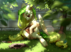 Size: 2351x1700 | Tagged: safe, artist:aphphphphp, imported from derpibooru, oc, oc only, oc:lemony light, pegasus, pony, dappled sunlight, female, flower pot, mare, plant, solo, trowel