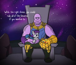 Size: 1596x1367 | Tagged: safe, artist:sirvalter, imported from derpibooru, maud pie, earth pony, pony, avengers, avengers: infinity war, crossover, duo, female, holding a pony, infinity gauntlet, infinity stones, mare, smiling, thanos, throne