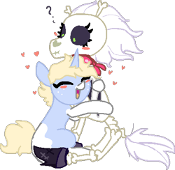 Size: 431x420 | Tagged: safe, artist:nootaz, imported from derpibooru, skellinore, oc, oc:nootaz, pony, skeleton pony, unicorn, the break up breakdown, :t, blushing, bone, confused, cute, eyes closed, female, freckles, happy, heart, hug, mare, ocbetes, open mouth, question mark, simple background, skeleton, skellibetes, smiling, transparent background