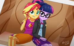 Size: 4000x2500 | Tagged: safe, artist:horsecat, imported from derpibooru, sci-twi, sunset shimmer, twilight sparkle, equestria girls, clothes, clothes swap, debatably not shipping, duo, duo female, female, glasses, happy, jacket, lesbian, peace sign, photo booth, scitwishimmer, shipping, smiling, sunsetsparkle, victory sign