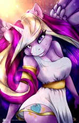 Size: 828x1280 | Tagged: safe, artist:gingerbreadarts, imported from derpibooru, princess cadance, alicorn, anthro, clothes, dress, female, looking at you, solo