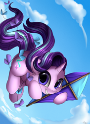 Size: 2550x3509 | Tagged: safe, artist:pridark, imported from derpibooru, starlight glimmer, pony, unicorn, cloud, cute, ear fluff, female, glimmerbetes, high res, kite, looking at you, mare, sky, smiling, solo, that pony sure does love kites