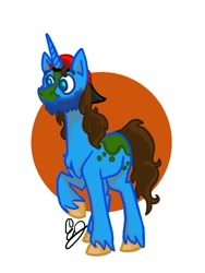 Size: 600x800 | Tagged: safe, imported from derpibooru, oc, pony, unicorn, baseball cap, beard, blue, blue eyes, brown mane, cap, concept art, digital art, facial hair, firealpaca, fluffy, friend, green spots, hat, long mane, long tail, male, ponysona, present, stallion, tall, unshorn fetlocks