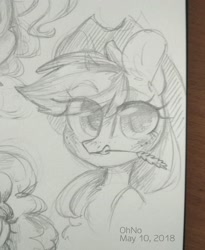 Size: 2104x2560 | Tagged: safe, artist:ohno, imported from derpibooru, applejack, earth pony, pony, applejack's hat, cowboy hat, female, freckles, grayscale, hat, mare, monochrome, sketch, solo, straw in mouth, traditional art