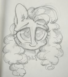 Size: 1128x1280 | Tagged: safe, artist:ohno, imported from derpibooru, pear butter, earth pony, pony, bust, female, grayscale, heart eyes, mare, monochrome, simple background, sketch, solo, traditional art, white background, wingding eyes