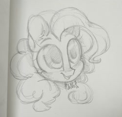 Size: 2509x2411 | Tagged: safe, artist:ohno, imported from derpibooru, pinkie pie, earth pony, pony, bust, female, grayscale, mare, monochrome, simple background, sketch, smiling, solo, traditional art, white background
