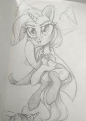 Size: 1888x2643 | Tagged: safe, artist:ohno, imported from derpibooru, trixie, pony, unicorn, cape, clothes, cutie mark, female, grayscale, hat, mare, monochrome, sketch, solo, starry eyes, stockings, thigh highs, tongue out, traditional art, trixie's cape, trixie's hat, wingding eyes