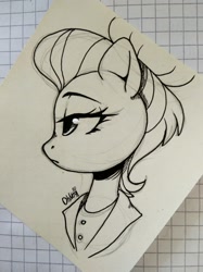 Size: 1982x2643 | Tagged: safe, artist:ohno, imported from derpibooru, fluttershy, pony, fake it 'til you make it, alternate hairstyle, clothes, female, grayscale, hair bun, lidded eyes, lineart, mare, monochrome, severeshy, solo, traditional art