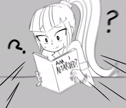 Size: 2329x2005 | Tagged: safe, artist:nairdags, imported from derpibooru, sonata dusk, equestria girls, abuse, book, female, gray background, grayscale, meme, monochrome, parody, question mark, reading, retarded, simple background, solo, sonatabuse, sweat