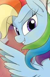 Size: 800x1214 | Tagged: safe, artist:emositecc, imported from derpibooru, rainbow dash, pegasus, pony, comic:sparkle, alternate eye color, alternate hairstyle, alternate universe, looking at you, looking back, smiling