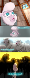 Size: 2800x7200 | Tagged: safe, artist:twiwrite-flare, imported from derpibooru, pom lamb, sheep, comic:the adventures of pom the sheep, them's fightin' herds, adventure, anxiety, chamber, comic, community related, confused, dialogue, ewe, flashback, flock, looking around, looking up, pom (tfh), prologue, ram, ram horns, scary, scary face, silently judging, thatched roof cottages, thought bubble, watching, window