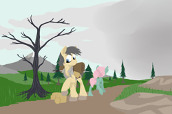 Size: 1815x1215 | Tagged: safe, artist:thebathwaterhero, imported from derpibooru, oc, oc only, oc:bellows, oc:mince meat, pony, cyoa, cyoa:ascent, female, male, mountain, path, saddle bag, sword, tree, weapon