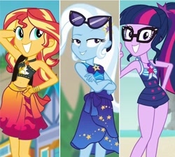 Size: 570x510 | Tagged: safe, edit, imported from derpibooru, screencap, sci-twi, sunset shimmer, trixie, twilight sparkle, human, equestria girls, equestria girls series, forgotten friendship, arm behind head, belly button, bikini, bikini top, clothes, comparison, crossed arms, female, geode of empathy, geode of fauna, geode of shielding, geode of sugar bombs, geode of super speed, geode of super strength, geode of telekinesis, glasses, magical geodes, magical trio, ponytail, pose, sarong, sexy egghead, shoulder bag, stupid sexy sunset shimmer, stupid sexy trixie, stupid sexy twilight, sultry pose, sunglasses, sunset selfie, swimsuit, trio, trio female