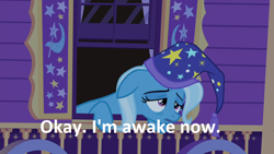 Size: 1280x720 | Tagged: safe, edit, edited screencap, imported from derpibooru, screencap, trixie, pony, unicorn, to where and back again, clothes, dialogue, female, hat, image macro, meme, nightcap, solo, tired, trixie yells at everything, trixie's hat, trixie's nightcap, trixie's wagon