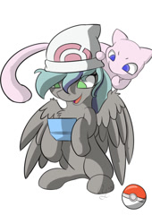 Size: 506x745 | Tagged: safe, artist:aurorafang, imported from derpibooru, oc, oc:cherishquill, mew, pegasus, pony, crossover, female, filly, gaming, nintendo ds, poké ball, pokéball, pokémon, sitting