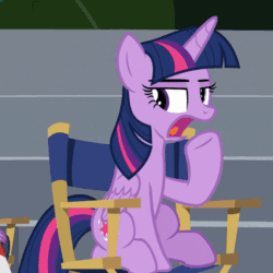 Size: 511x511 | Tagged: safe, imported from derpibooru, screencap, spike, twilight sparkle, alicorn, pony, horse play, aside glance, chair, cropped, director's chair, female, gif, mare, non-animated gif, open mouth, raised hoof, sideways glance, sitting, solo, twilight sparkle (alicorn)