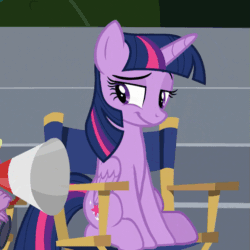 Size: 511x511 | Tagged: safe, imported from derpibooru, screencap, twilight sparkle, alicorn, pony, horse play, aside glance, chair, cropped, director's chair, female, gif, mare, megaphone, non-animated gif, raised eyebrow, sideways glance, sitting, smiling, solo focus, twilight sparkle (alicorn)