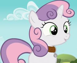 Size: 764x624 | Tagged: safe, edit, edited screencap, imported from derpibooru, screencap, sweetie belle, pony, unicorn, bell, bell collar, cat bell, collar, cropped, female, filly, smiling, solo