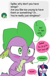 Size: 800x1214 | Tagged: safe, artist:emositecc, imported from derpibooru, spike, twilight sparkle, alicorn, dragon, pony, comic:sparkle, abuse, alternate eye color, alternate universe, answer, blushing, crying, dialogue, hurting, implied amputation, question, scared, simple background, smiling, spikeabuse, traumatized, troll, twibitch sparkle, twilight sparkle (alicorn), white background