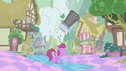 Size: 1280x720 | Tagged: safe, imported from derpibooru, screencap, berry punch, berryshine, earth pony, pony, the return of harmony, background pony, building, chaos, discorded landscape, eyes closed, female, floating island, food, green sky, mare, pepper, pepper shaker, ponyville, pre sneeze, raised hoof, scenery, solo, well