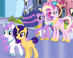 Size: 2500x2000 | Tagged: safe, artist:ilaria122, imported from derpibooru, princess cadance, princess flurry heart, twilight sparkle, oc, oc:shooting star (ilaria122), alicorn, pony, cousins, crown, ethereal mane, female, glowing mane, jewelry, mare, next generation, offspring, older, older flurry heart, parent:flash sentry, parent:princess cadance, parent:shining armor, parent:twilight sparkle, parents:flashlight, parents:shiningcadance, regalia, simple background, sisters-in-law, starry mane, twilight sparkle (alicorn), ultimate cadance, ultimate twilight