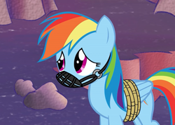 Size: 1412x1008 | Tagged: safe, artist:toucanldm, imported from derpibooru, rainbow dash, pegasus, pony, bondage, bound wings, cuphead, cuphead meets mlp, female, gag, looking up, mare, muzzle gag, rainbond dash, rope, sad, solo