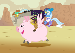 Size: 5000x3566 | Tagged: safe, artist:najibsg, imported from derpibooru, discord, trixie, draconequus, flying pig, pig, unicorn, crossover, gyro zeppeli, johnny joestar, jojo's bizarre adventure, steel ball run