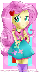 Size: 2900x5381 | Tagged: safe, artist:vixelzf, imported from derpibooru, fluttershy, equestria girls, alternate design, blushing, clothes, cute, female, glowing eyes, heart, jewelry, legs together, looking at you, nail polish, necklace, shy, shyabetes, simple background, skirt, smiling, socks, solo, thigh highs, zettai ryouiki