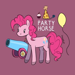 Size: 800x800 | Tagged: safe, artist:casualcolt, imported from derpibooru, part of a set, pinkie pie, pony, balloon, cupcake, female, food, hat, mare, party cannon, party hat, party horn, solo