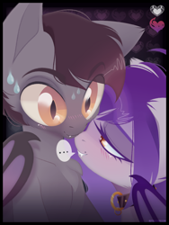 Size: 3000x4000 | Tagged: safe, artist:zombie, imported from derpibooru, oc, oc:beau whisper, oc:belle nuit, bat pony, pony, ..., bat pony oc, beauit, bedroom eyes, big eyes, collar, dialogue, fangs, female, male, oc x oc, shipping, slit eyes, slit pupils, straight, sweat