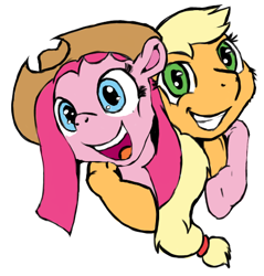 Size: 471x493 | Tagged: safe, artist:untiltheballoons, imported from derpibooru, applejack, pinkie pie, earth pony, pony, accessory swap, bust, pinkamena diane pie, simple background, smiling, white background