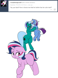 Size: 600x800 | Tagged: safe, artist:dekomaru, imported from derpibooru, oc, oc only, oc:aurora, oc:hazel lulamoon, oc:nebula, pony, unicorn, tumblr:ask twixie, ask, bipedal, colt, female, filly, magical lesbian spawn, male, offspring, parent:trixie, parent:twilight sparkle, parents:twixie, tumblr, underhoof