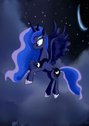 Size: 2480x3507 | Tagged: safe, artist:shirosugar, imported from derpibooru, princess luna, alicorn, pony, female, flying, mare, moon, night, solo