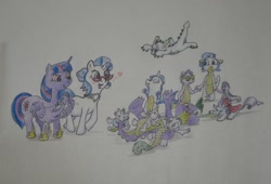 Size: 1498x1021 | Tagged: safe, artist:hillbe, imported from derpibooru, rarity, spike, twilight sparkle, oc, alicorn, dracony, hybrid, alternate hairstyle, dog pile, family, female, glasses, interspecies offspring, male, offspring, older, older rarity, older spike, parent:rarity, parent:spike, parents:sparity, shipping, sparity, straight, traditional art, twilight sparkle (alicorn), wing hold