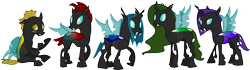 Size: 1799x501 | Tagged: safe, artist:derjuin, imported from derpibooru, oc, oc only, oc:ampelios, oc:ereunike, oc:roshanak, oc:tychosus, oc:xanthena, changeling, blue changeling, changeling oc, changeling queen oc, female, green changeling, group, inkscape, purple changeling, red changeling, simple background, transparent background, vector, yellow changeling