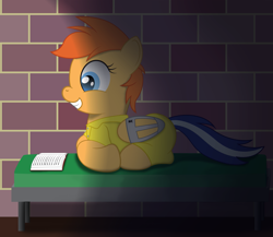 Size: 1439x1250 | Tagged: safe, artist:spellboundcanvas, imported from derpibooru, oc, oc only, oc:sherbert, pony, bed, book, bound wings, clothes, creepy, creepy smile, ponyloaf, prison, prison outfit, prisoner, reading, smiling, solo