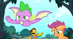 Size: 1118x608 | Tagged: source needed, safe, edit, edited screencap, imported from derpibooru, screencap, scootaloo, spike, dragon, human, pony, molt down, abuse, crossover, everyone but scootaloo can fly, nelson muntz, scootabuse, scootaloo can't fly, scootasad, the simpsons, winged spike, wings