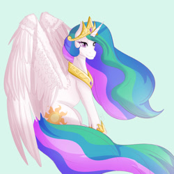 Size: 2000x2000 | Tagged: safe, artist:cursedgalaxie, imported from derpibooru, princess celestia, alicorn, pony, female, mare, simple background, sitting, smiling, solo, wings