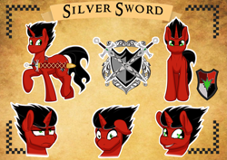 Size: 3507x2480 | Tagged: safe, artist:tatemil, imported from derpibooru, oc, oc only, oc:silver sword, pony, red and black oc, reference sheet, shield, sword, weapon